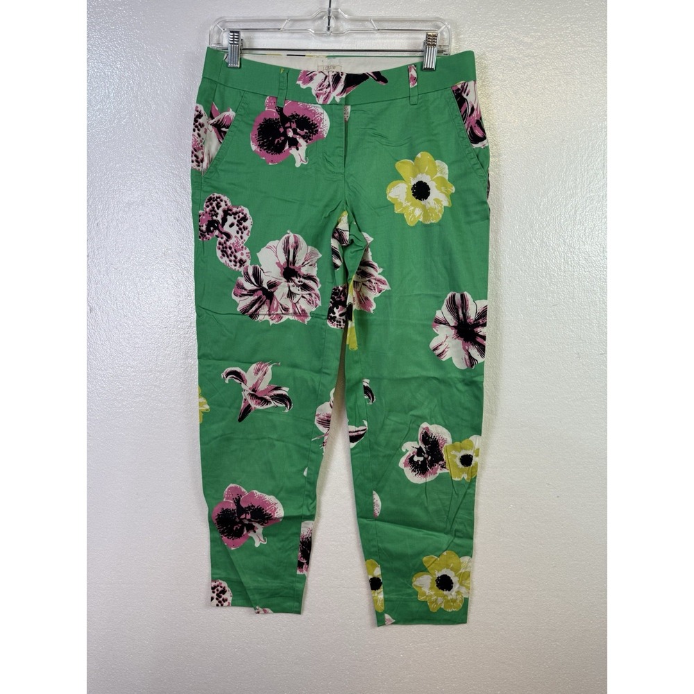 J Crew Women's Stretch Pants Sz 2 Green Tropical Floral Beach Cottage-core